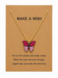Pink Butterfly Wish Necklace for Women Inspirational “Make A Wish” Butterfly Pendant Necklace with Gold Tone Chain, Cute Jewelry Gift for Girls