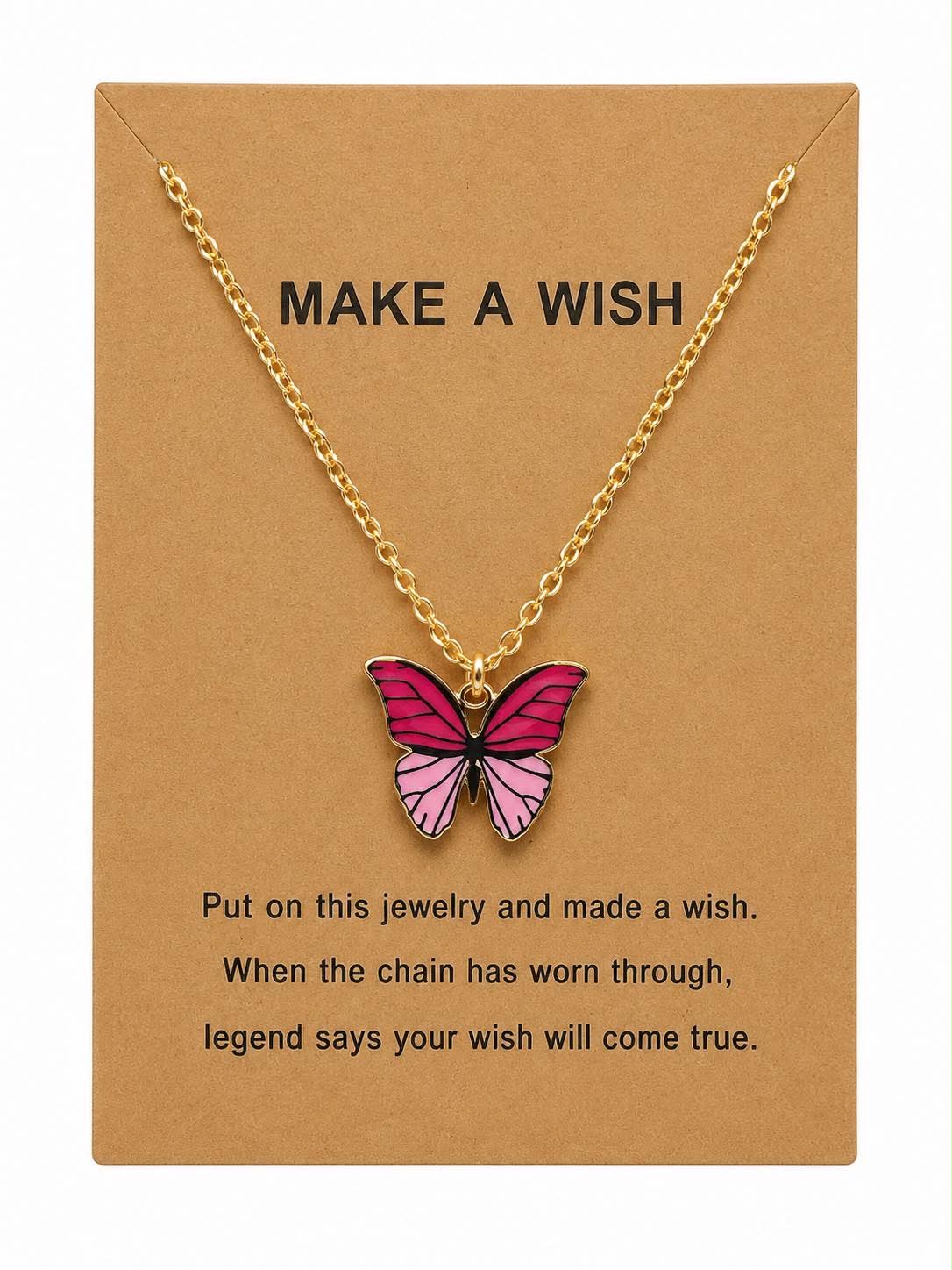 Pink Butterfly Wish Necklace for Women Inspirational “Make A Wish” Butterfly Pendant Necklace with Gold Tone Chain, Cute Jewelry Gift for Girls