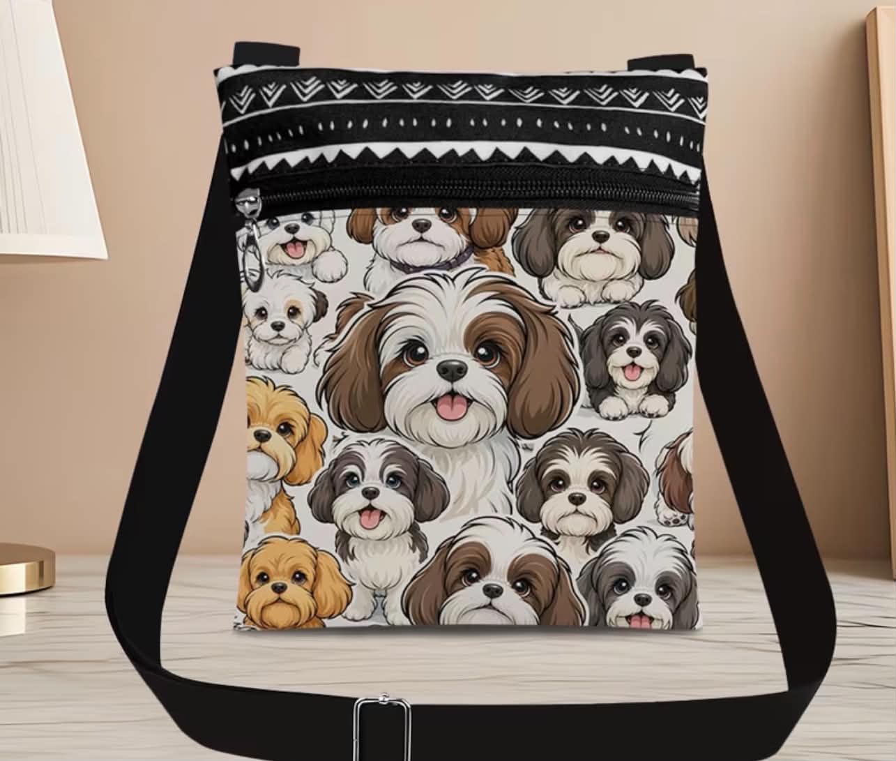Puppy Love Crossbody Bag With Adjustable Strap Lightweight & Durable Cute Dog Print Design Canvas & Polyester 21x24 cm