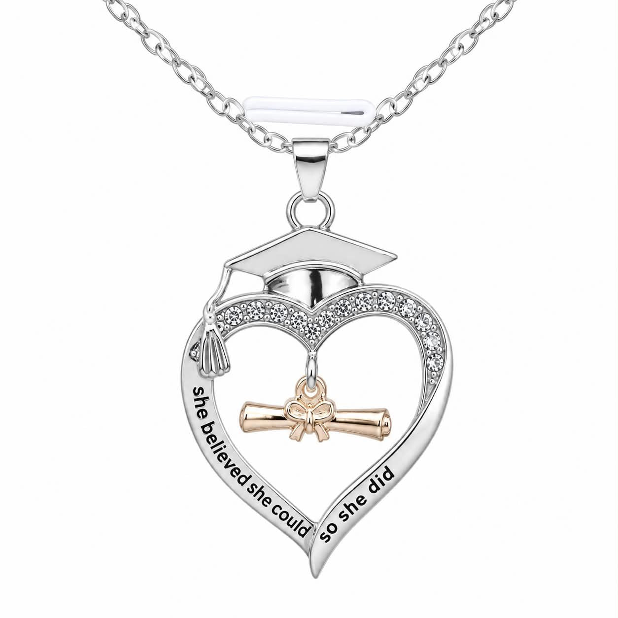Graduation Heart Necklace for Women – “She Believed She Could So She Did” Pendant with Crystal Accents & Diploma Charm, Inspirational Gift for Graduate
