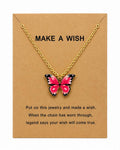 Pink Butterfly Wish Necklace for Women – Inspirational “Make A Wish” Card with Gold Tone Butterfly Pendant, Cute Jewelry Gift for Girls & Women