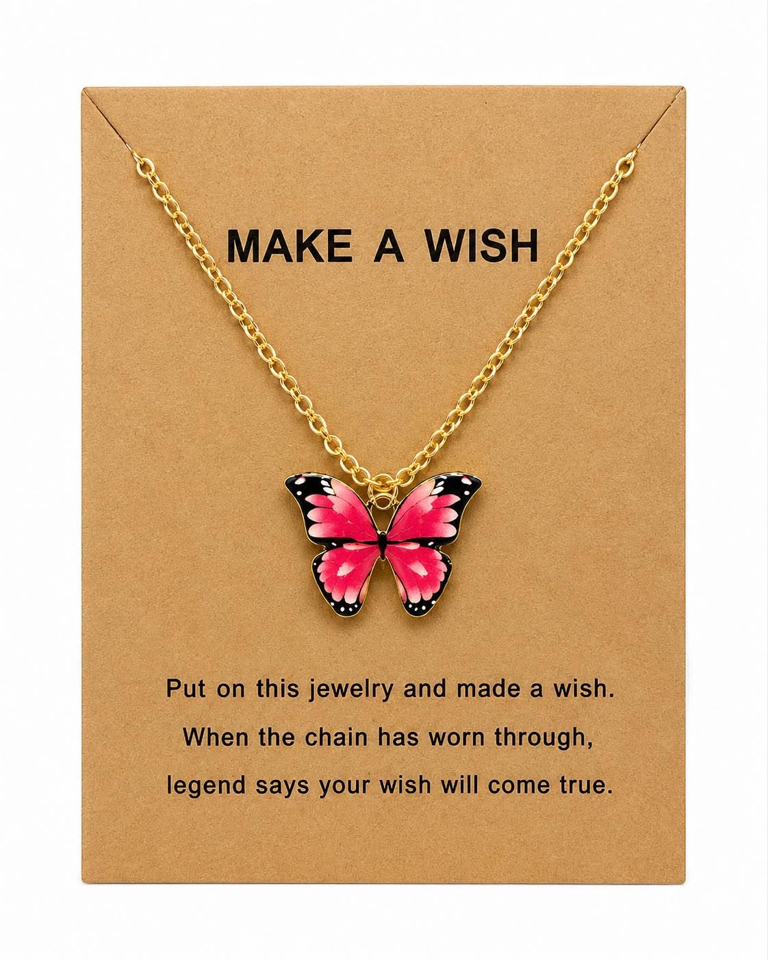 Pink Butterfly Wish Necklace for Women – Inspirational “Make A Wish” Card with Gold Tone Butterfly Pendant, Cute Jewelry Gift for Girls & Women