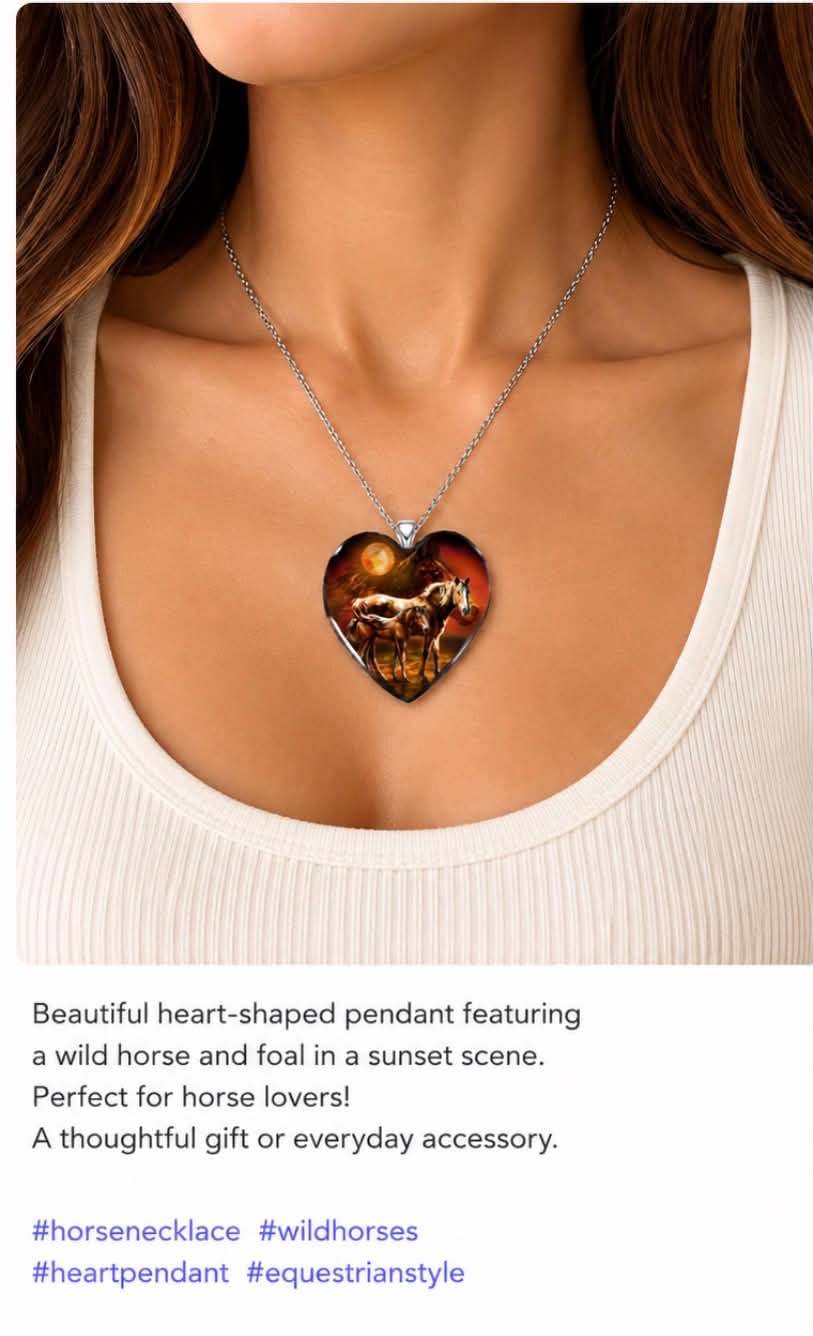 Wild Horses Heart Necklace Pendant With Sunset Scene Perfect Gift For Horse Lovers 19.7 in Chain Silvery Alloy Design