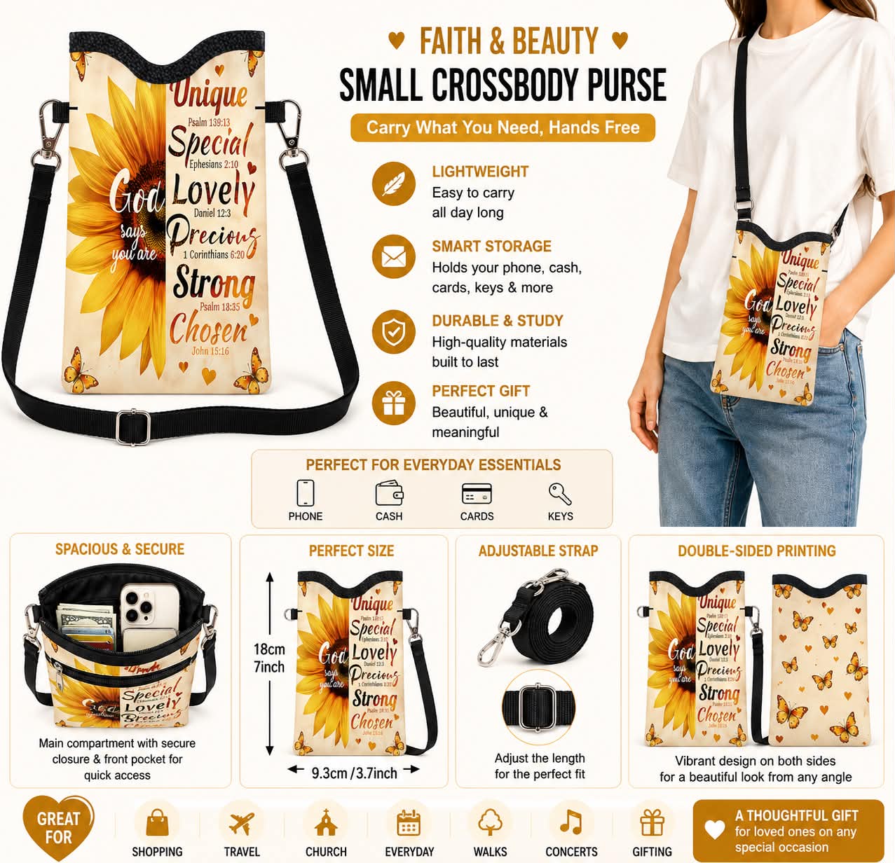 Faith & Beauty Small Sunflower Crossbody Purse Double-Sided Print 7" X 3.7"