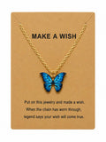 Blue Butterfly Wish Necklace for Women – Inspirational “Make A Wish” Butterfly Pendant Necklace with Gold Tone Chain, Cute Jewelry Gift for Girls