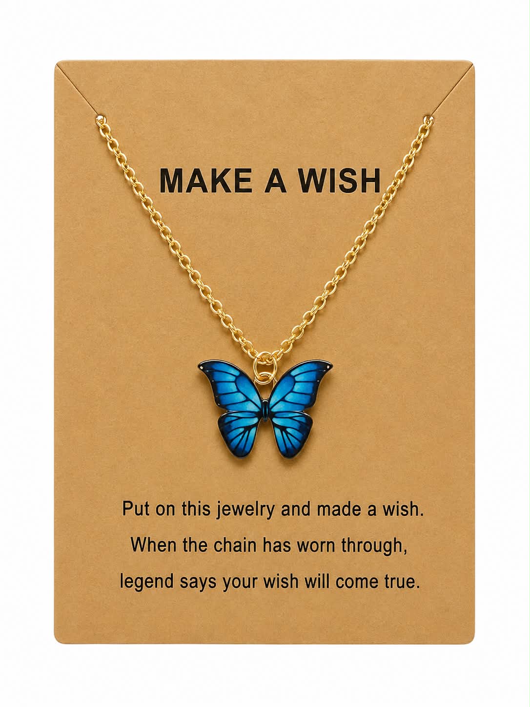 Blue Butterfly Wish Necklace for Women – Inspirational “Make A Wish” Butterfly Pendant Necklace with Gold Tone Chain, Cute Jewelry Gift for Girls