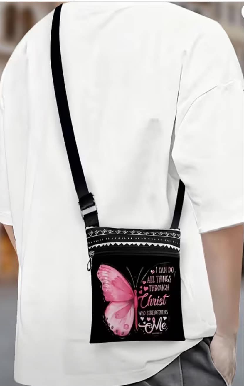Christian crossbody Bag I Can Do All Things Through Christ Butterfly Shoulder Bag With Adjustable Strap & Pockets