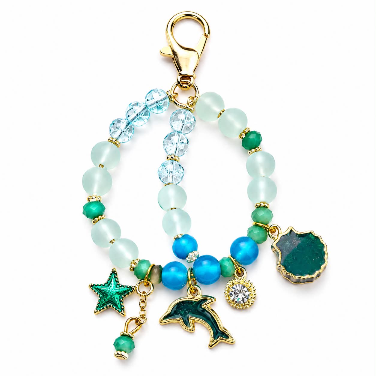 Ocean-Inspired Beaded Bracelet With Dolphin Starfish & Gem Charms Adjustable Gold-Plated Accent Design