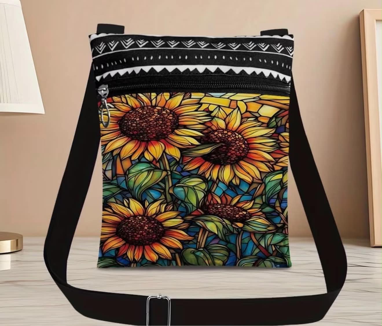 Sunflowers & Sunshine Stained Glass Crossbody Bag With Adjustable Strap Lightweight & Durable Boho Design