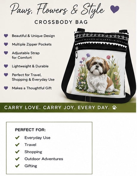 Dog & Flowers Crossbody Bag Lightweight Shoulder Bag With Multiple Pockets
