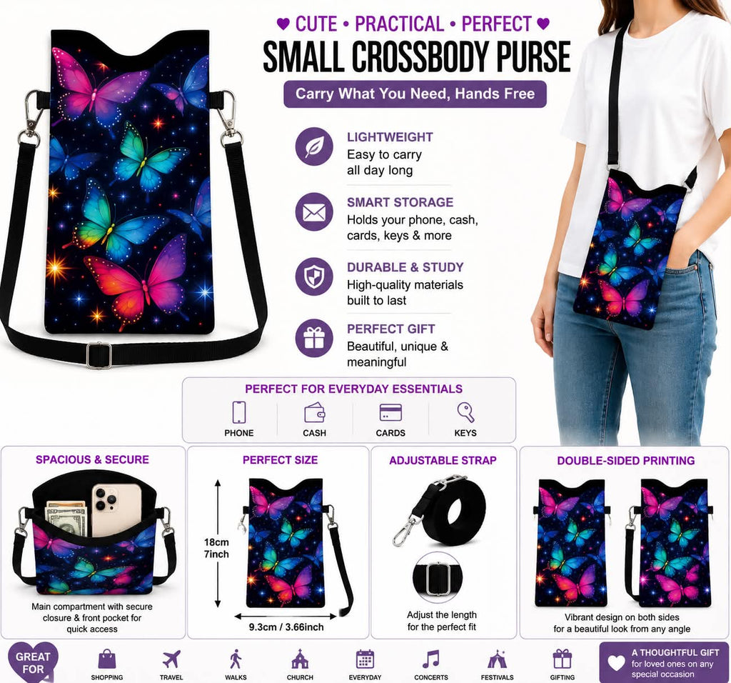 Small Crossbody Purse Carry What you Need Hands Free Multicolor Butterfly