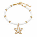 Boho Starfish Charm Bracelet for Women – White Beaded Gold Tone Beach Bracelet with Adjustable Chain, Coastal Ocean Jewelry Gift
