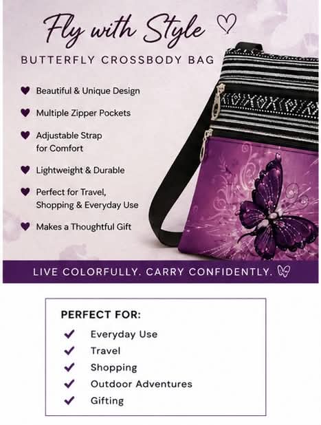 Butterfly Crossbody Bag Lightweight Shoulder Bag with Multiple Pockets