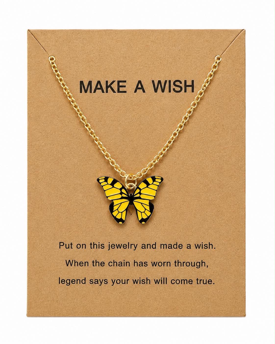 Yellow Butterfly Wish Necklace for Women – Butterfly Pendant Necklace with Inspirational Make A Wish Card, Gold Tone Cute Jewelry Gift for Girls