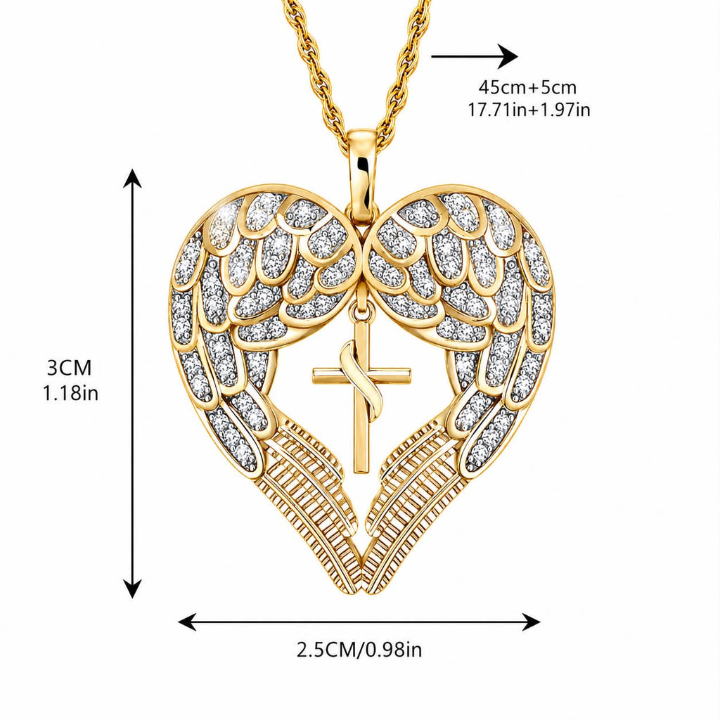 Angel Wing Heart Cross Necklace – Gold Tone Inspirational Pendant Necklace for Women