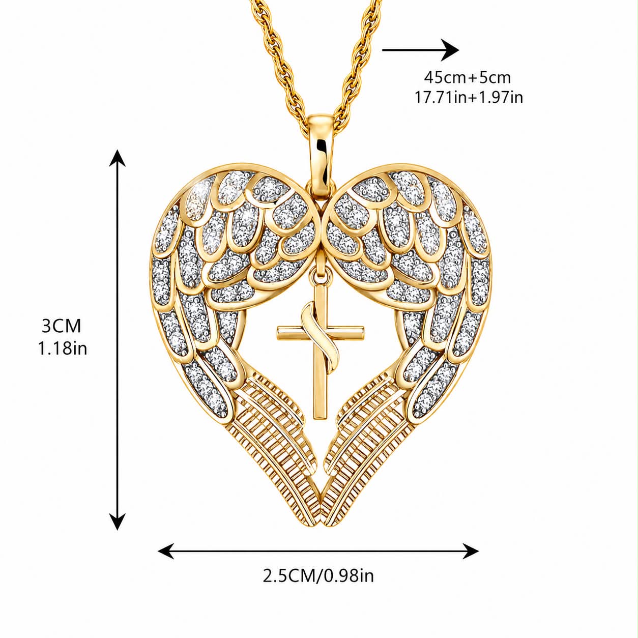 Angel Wing Heart Cross Necklace – Gold Tone Inspirational Pendant Necklace for Women