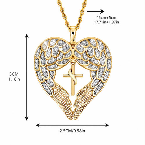 Angel Wing Heart Cross Necklace – Gold Tone Inspirational Pendant Necklace for Women
