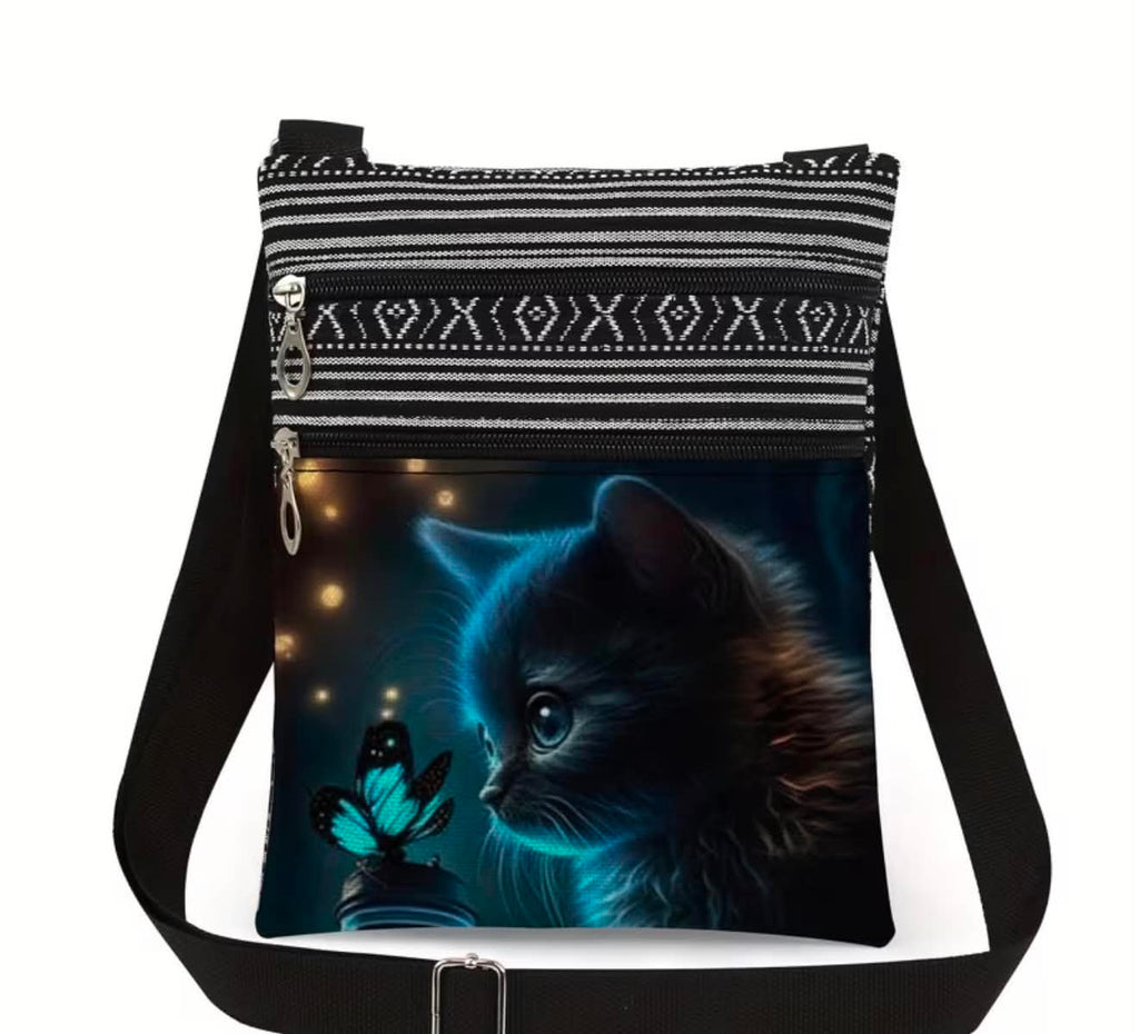 Kitten & Butterfly Crossbody Bag  Lightweight Shoulder Bag with Multiple Pockets