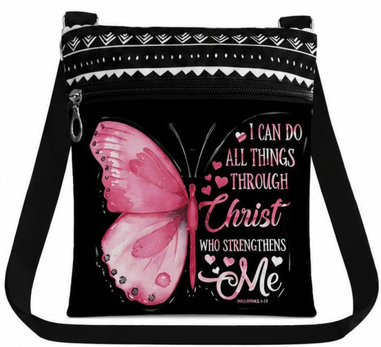 Christian crossbody Bag I Can Do All Things Through Christ Butterfly Shoulder Bag With Adjustable Strap & Pockets
