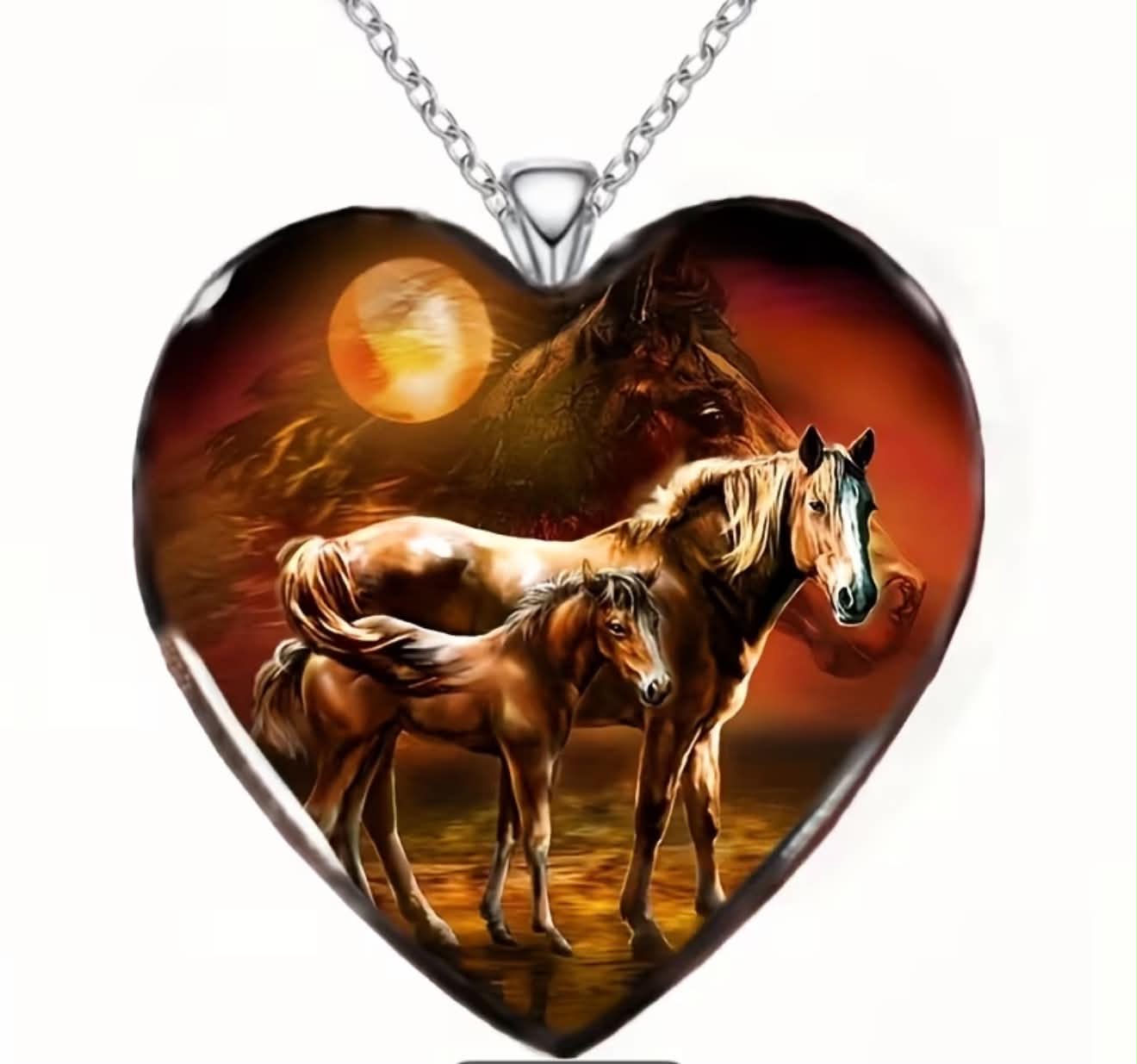 Wild Horses Heart Necklace Pendant With Sunset Scene Perfect Gift For Horse Lovers 19.7 in Chain Silvery Alloy Design