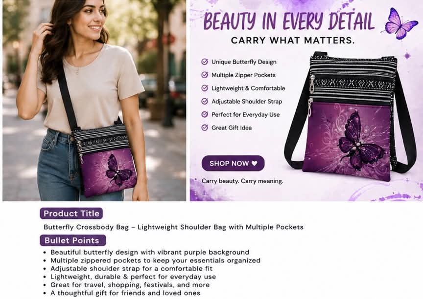 Butterfly Crossbody Bag Lightweight Shoulder Bag with Multiple Pockets