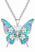 Butterfly Floral Pendant Necklace Silver Tone Crystal Enamel Butterfly Necklace Colorful Wing Jewelry Gift for Women