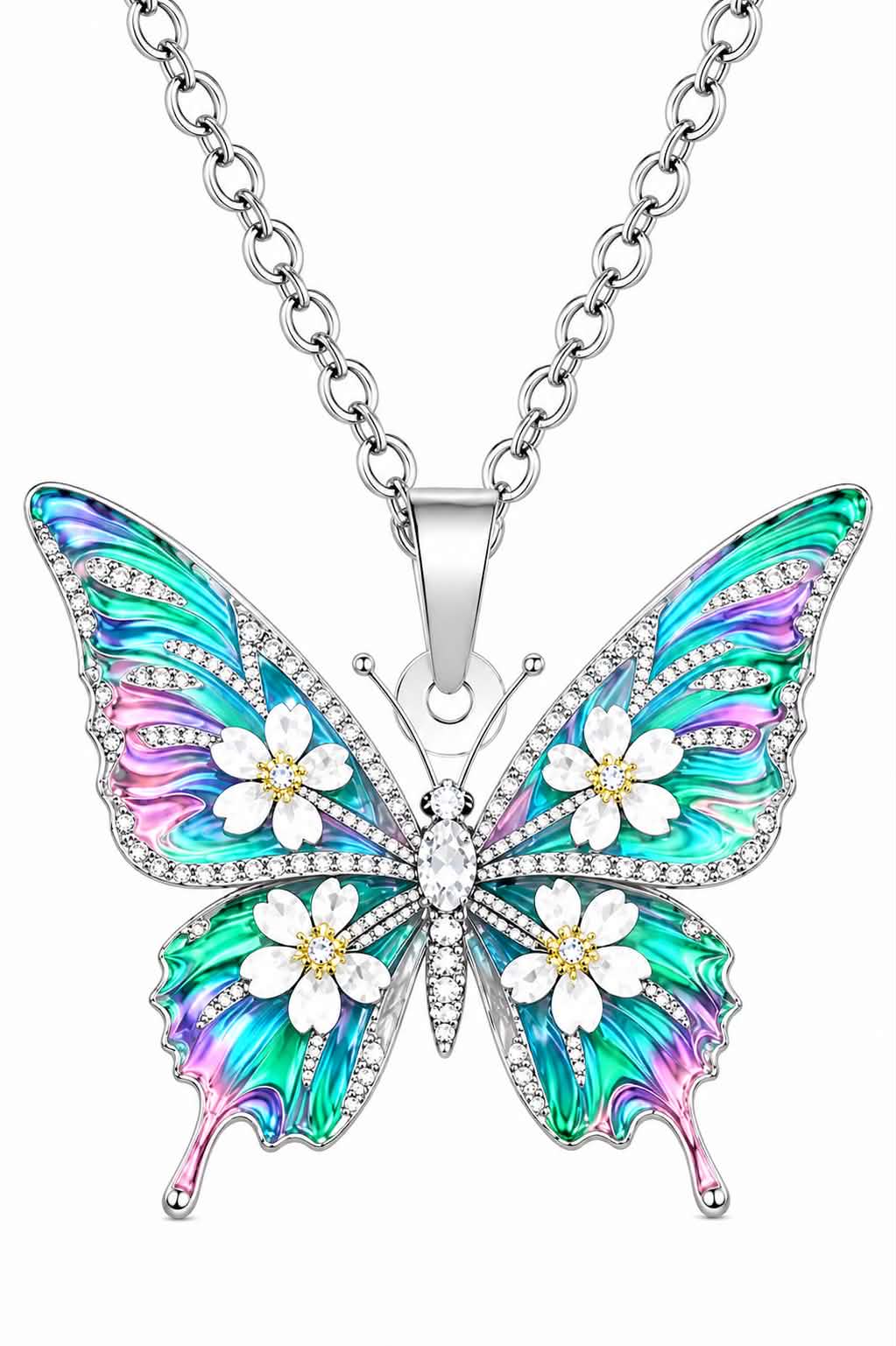 Butterfly Floral Pendant Necklace Silver Tone Crystal Enamel Butterfly Necklace Colorful Wing Jewelry Gift for Women