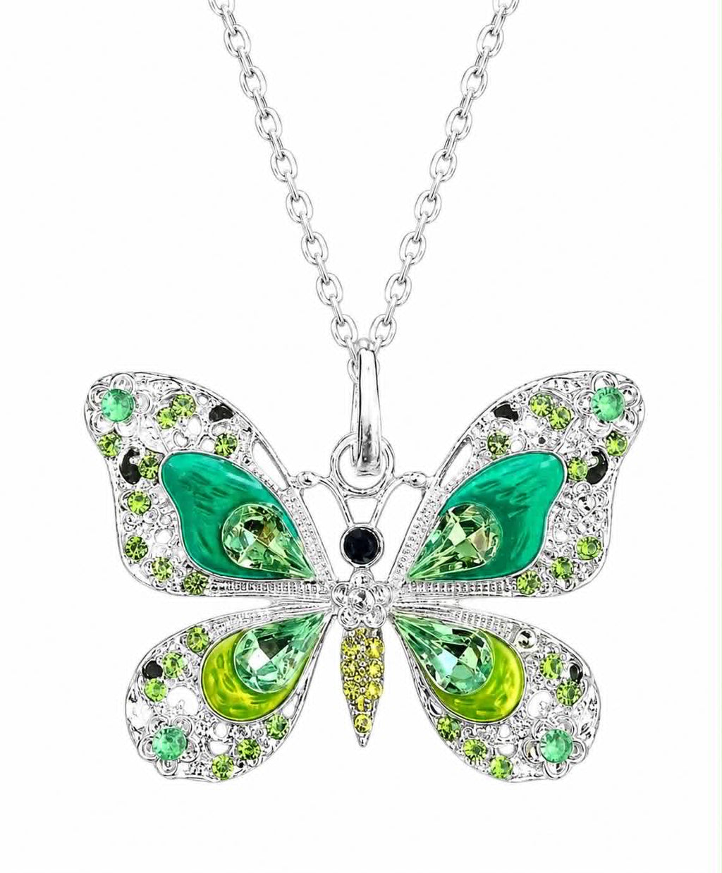 Green Crystal Butterfly Pendant Necklace for Women, Silver Tone Butterfly Jewelry with Rhinestones, Elegant Nature-Inspired Statement Necklace Gift for Her