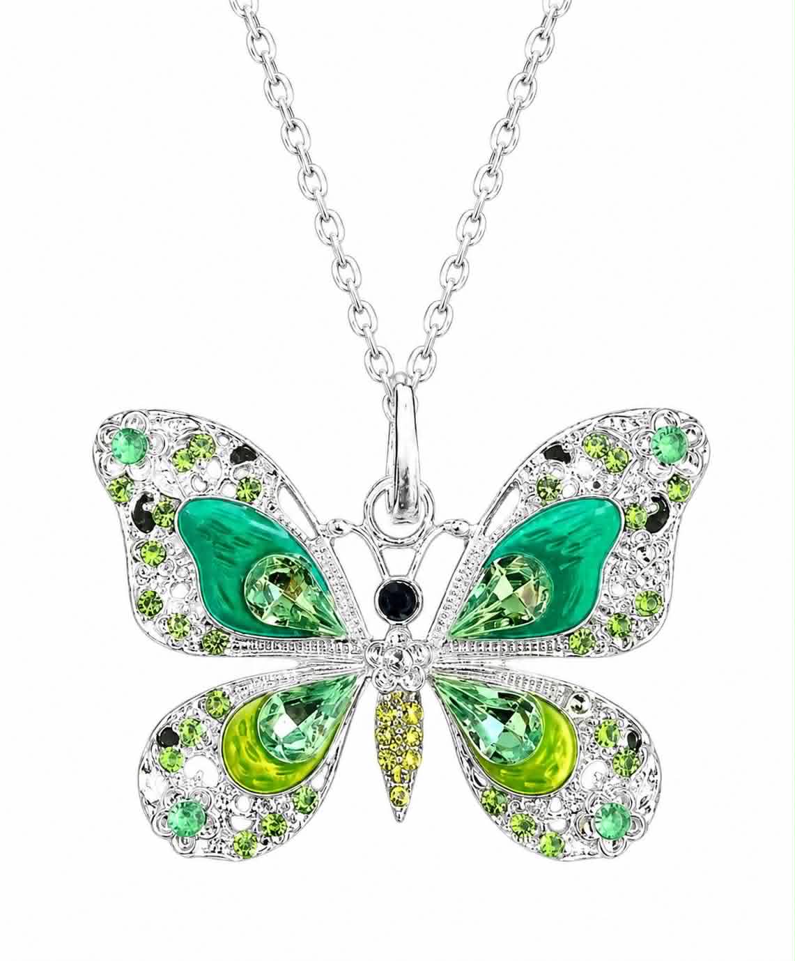 Green Crystal Butterfly Pendant Necklace for Women, Silver Tone Butterfly Jewelry with Rhinestones, Elegant Nature-Inspired Statement Necklace Gift for Her