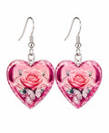Pink Rose Heart Dangle Earrings