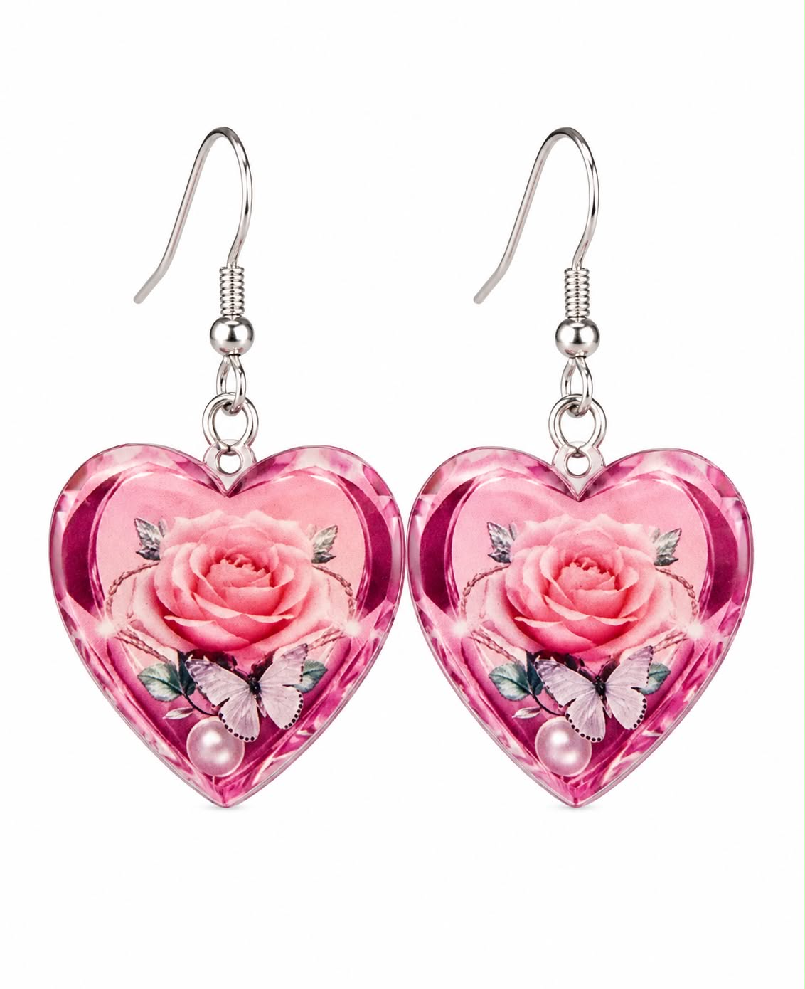 Pink Rose Heart Dangle Earrings