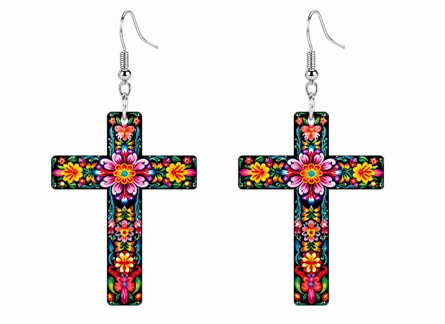 Floral Cross Dangle Earrings
