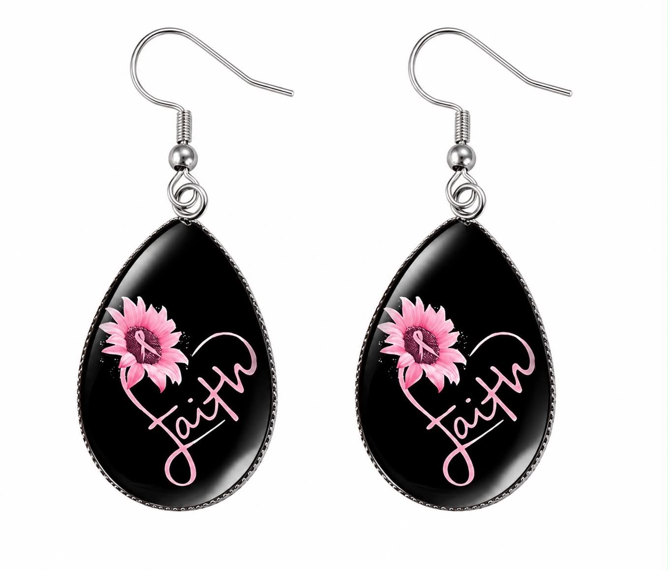 Faith Pink Ribbon Teardrop Dangle Earrings