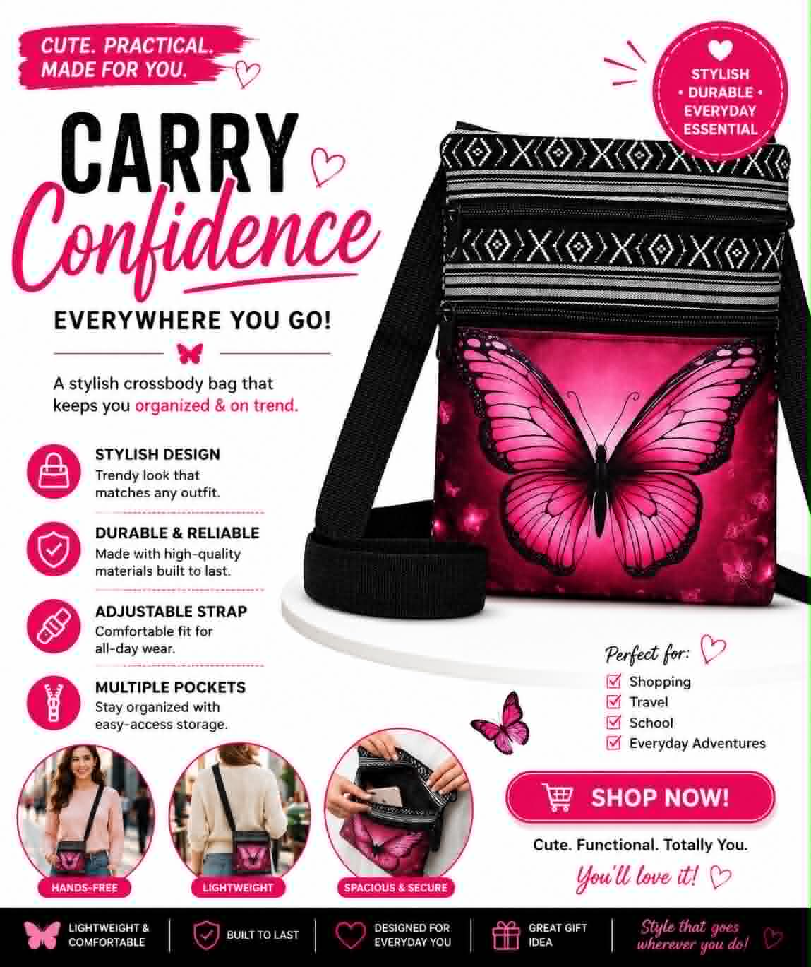 Carry Confidence Pink Butterfly Crossbody Phone Bag