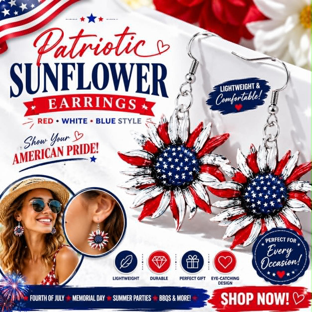 Patriotic Sunflower Dangle Earrings for Women, American Flag Red White Blue Floral Earrings, Fourth of July Independence Day Jewelry Gift