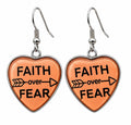 Faith Over Fear Heart Dangle Earrings featuring an inspirational faith