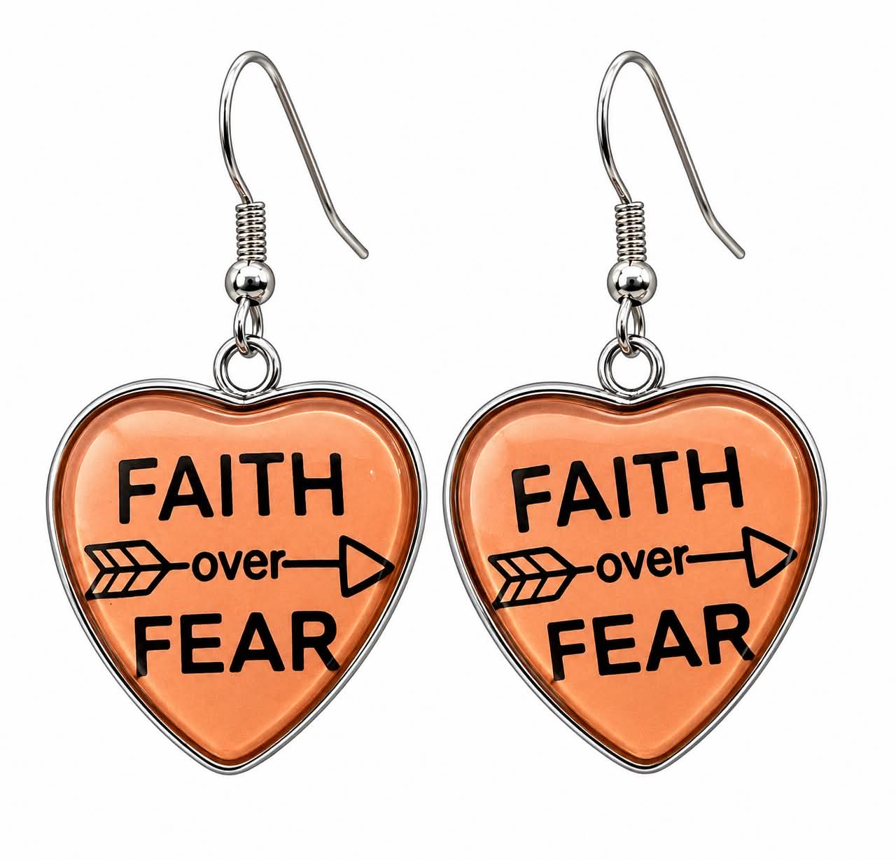 Faith Over Fear Heart Dangle Earrings featuring an inspirational faith