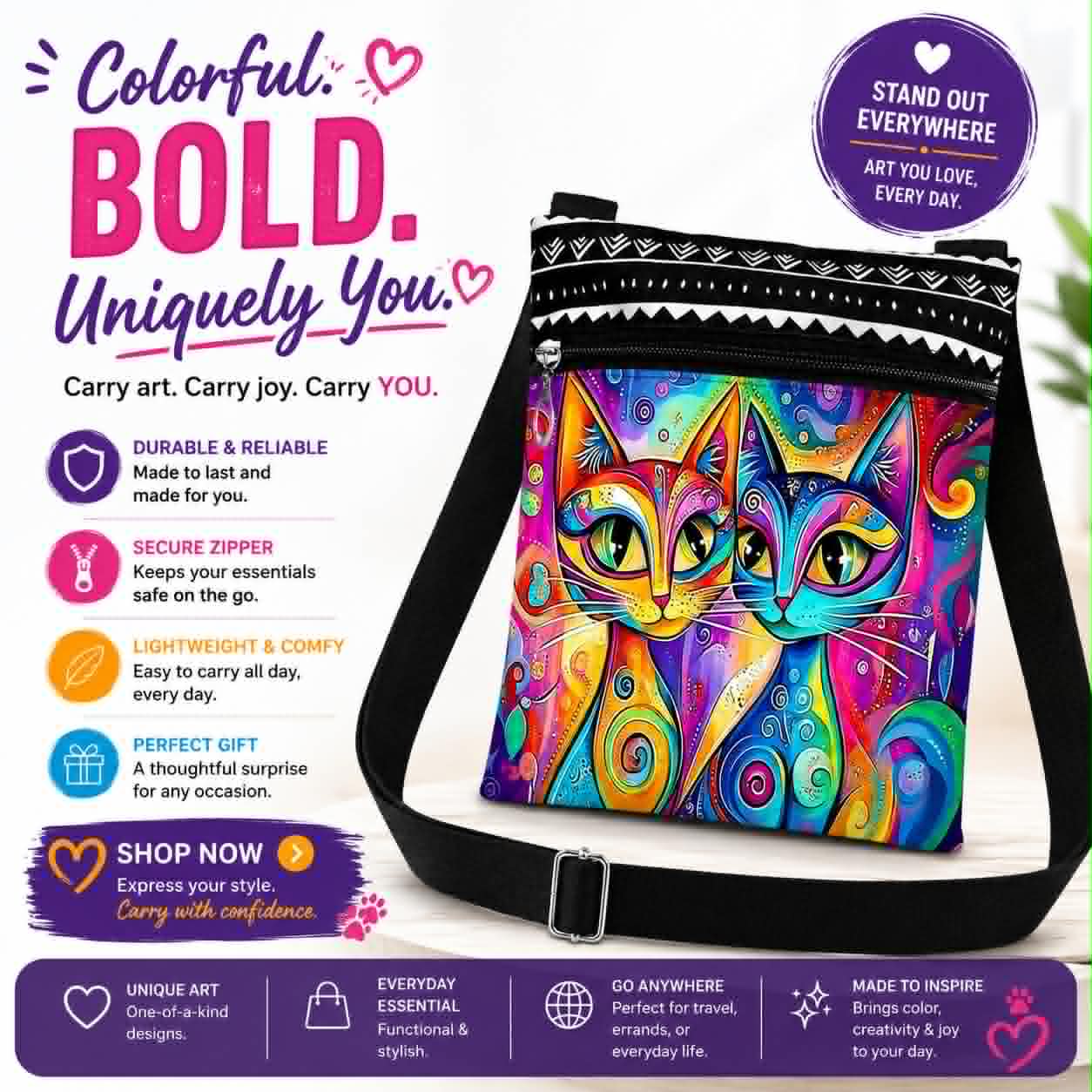 Colorful Bold Uniquely You Psychodelic Cat Crossbody Purse