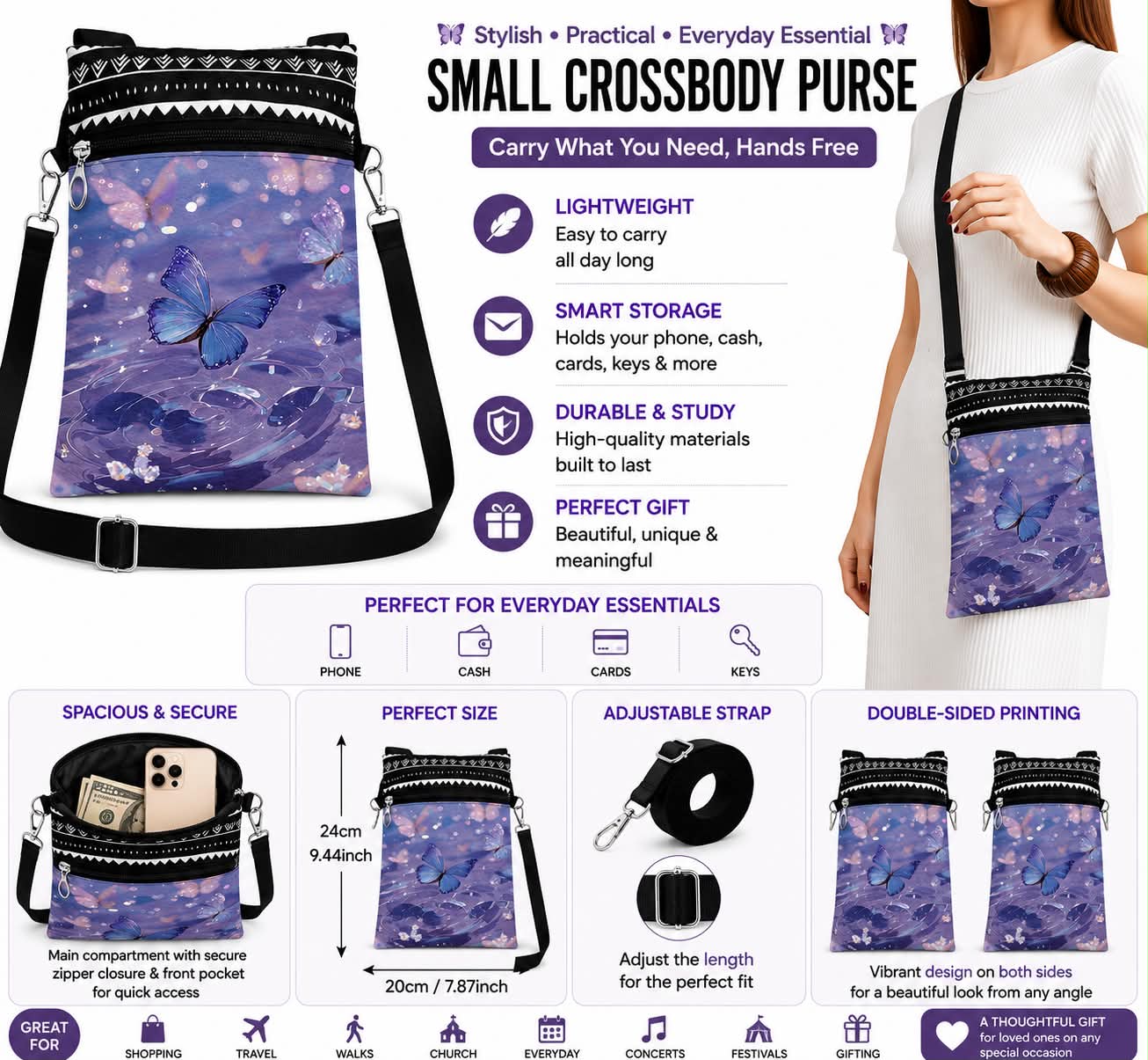 Small Crossbody Bag Purple Butterfly